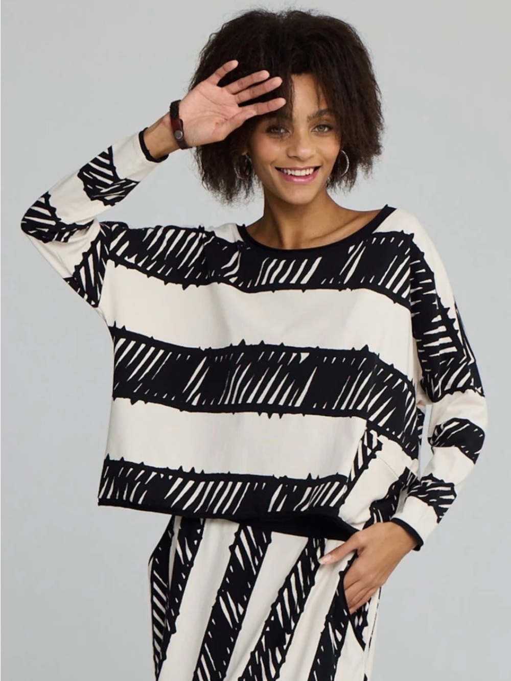 Luukaa SCHIZZO Doodle Contemporary Striped Blouse Long Sleeve Lagenlook 8 10